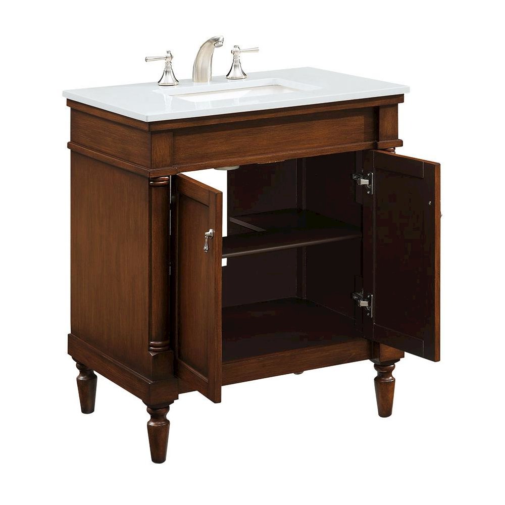 30 inch Single Bathroom vanity in Walnut with ivory white engineered marble. Picture 2