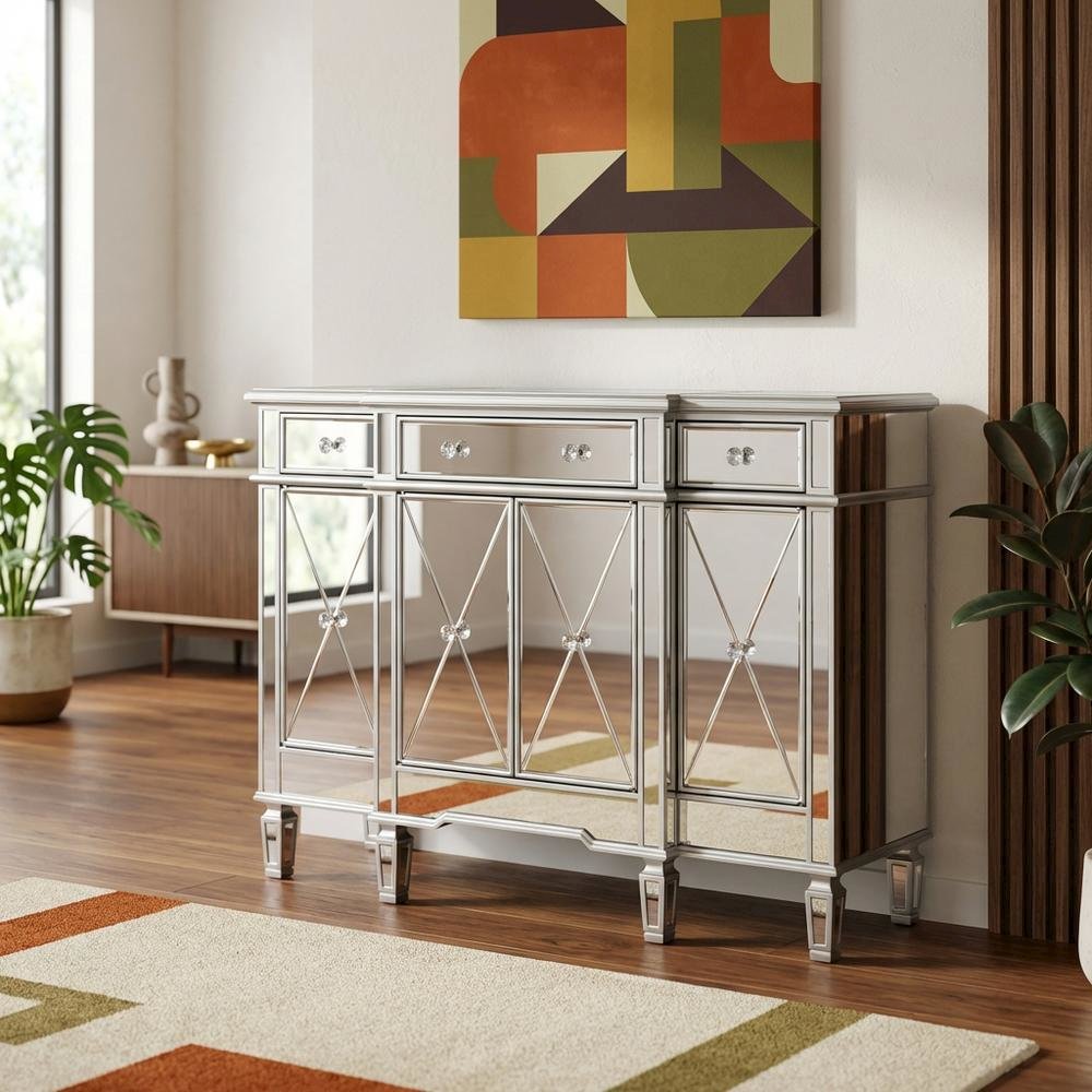 Silver Credenza with 3 Drawers, 4 Doors, Spacious Storage. Picture 2