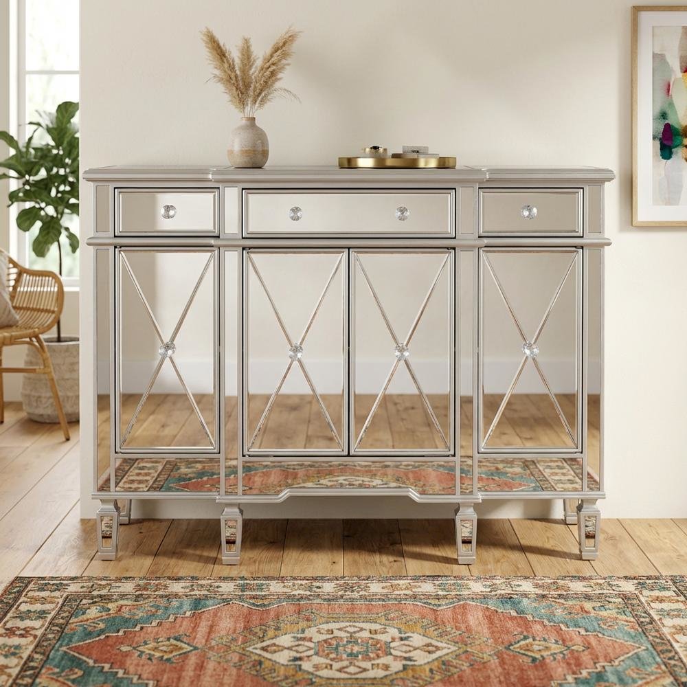 Silver Credenza with 3 Drawers, 4 Doors, Spacious Storage. Picture 3