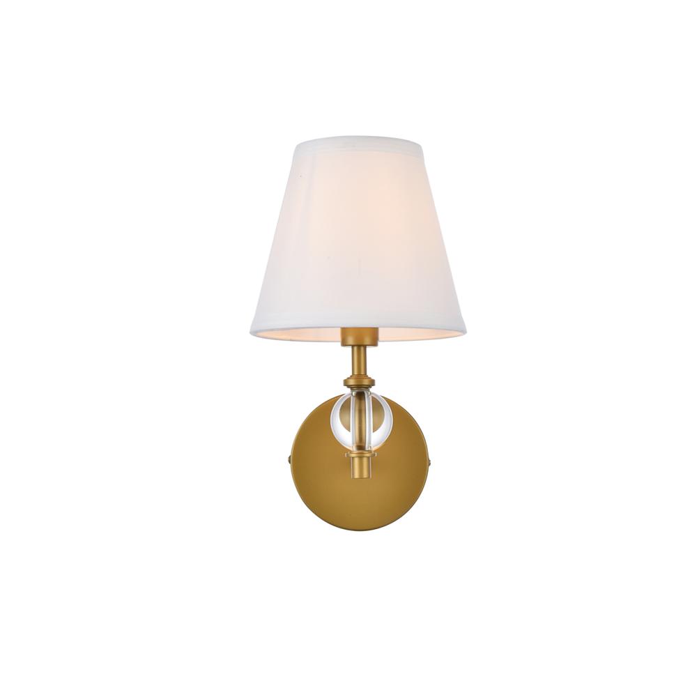 Bethany 1 light bath sconce in brass with white fabric shade. Picture 1