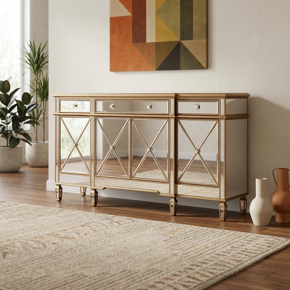 Gold mirrored credenza with sleek design and spacious storage. Picture 2
