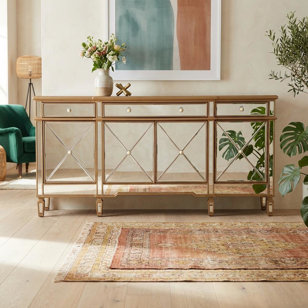 Gold mirrored credenza with sleek design and spacious storage. Picture 3