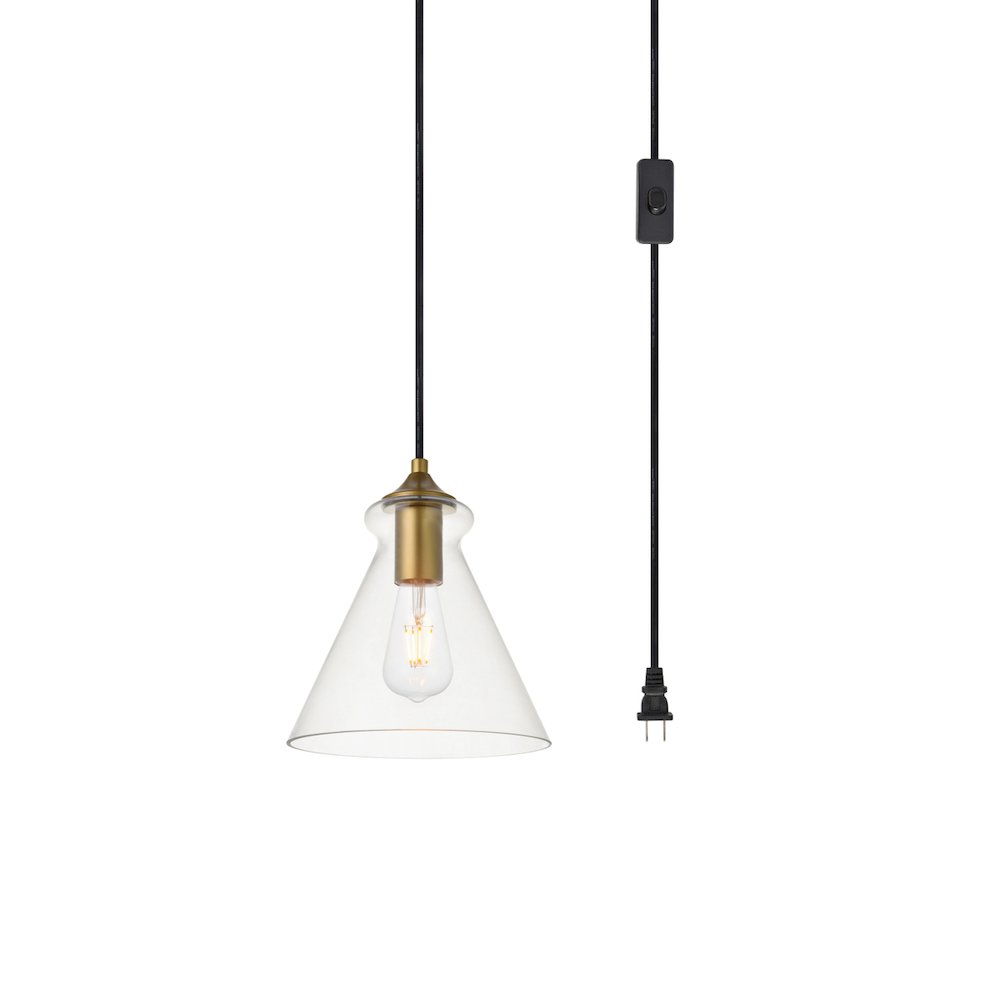 Destry 1 Light Brass Plug-In Pendant With Clear Glass. Picture 3