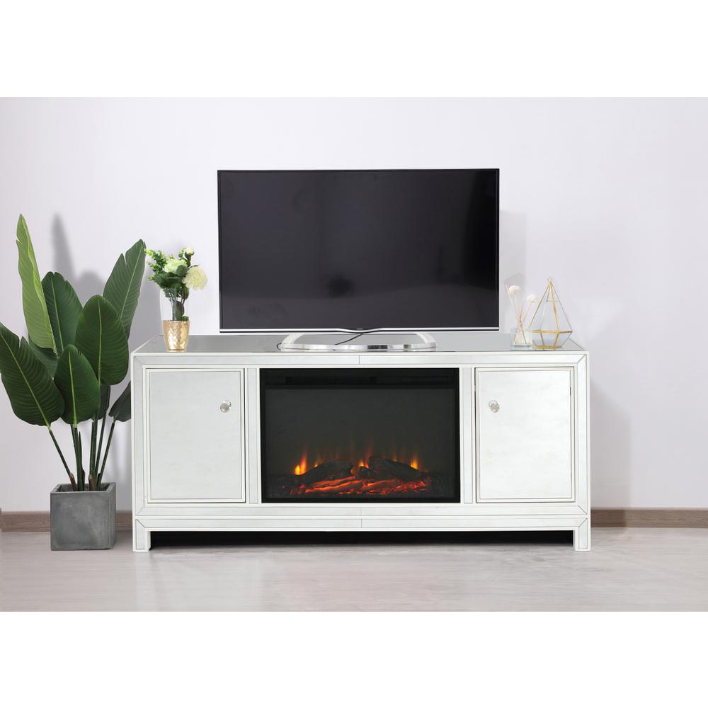 60 in. mirrored TV stand with wood fireplace insert in white. Picture 9
