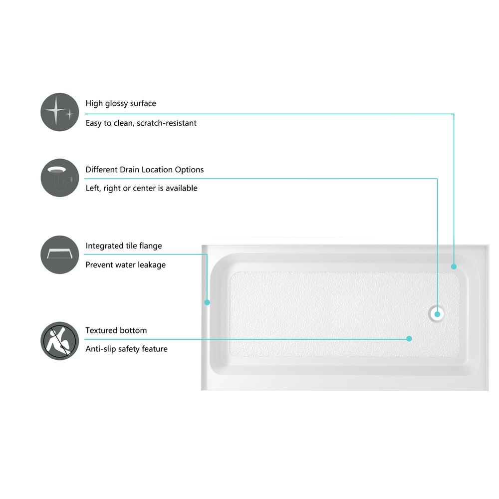 60x32 inch Single threshold shower tray right drain in glossy white. Picture 6