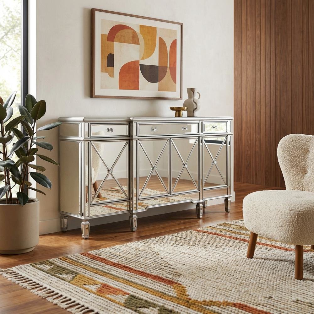 Silver mirrored credenza with spacious tabletop and elegant design. Picture 2