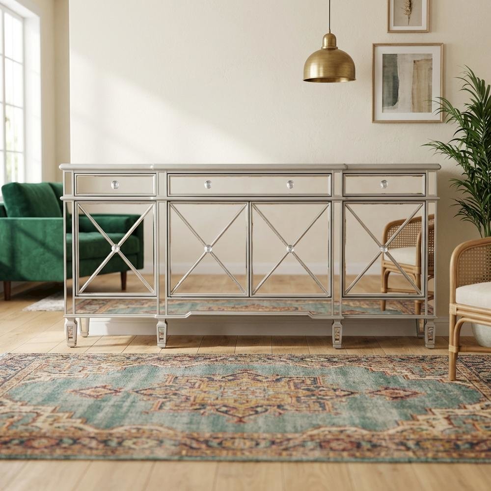 Silver mirrored credenza with spacious tabletop and elegant design. Picture 3