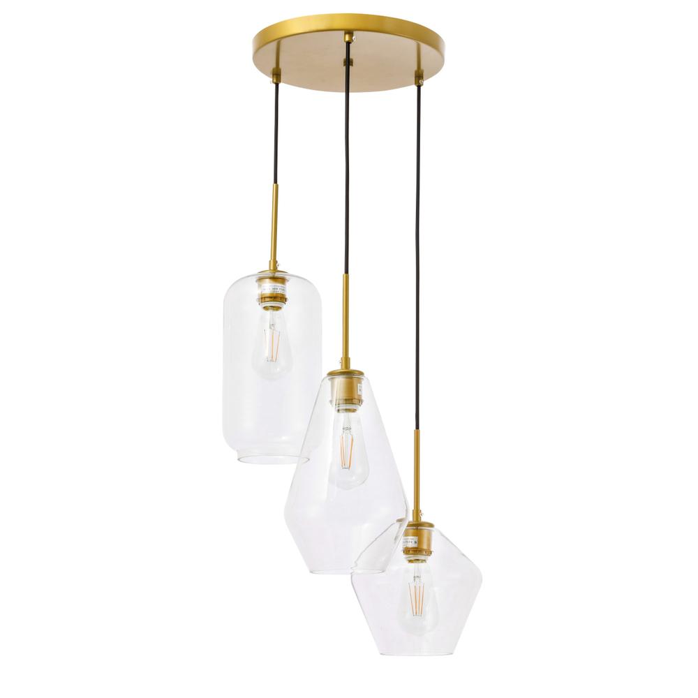 Gene 3 light Brass and Clear glass pendant. Picture 8