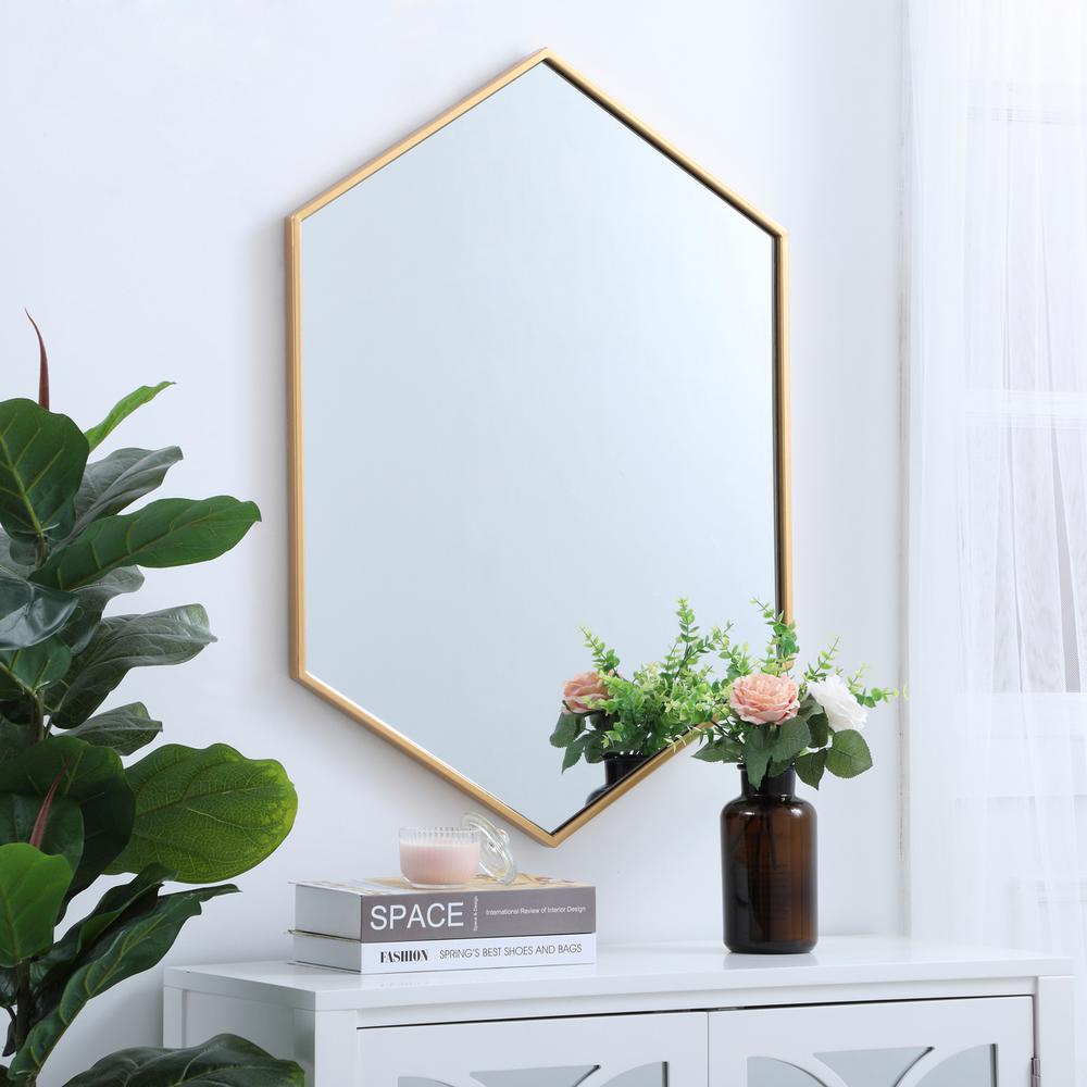 Metal frame hexagon mirror 24 inch in Brass. Picture 2