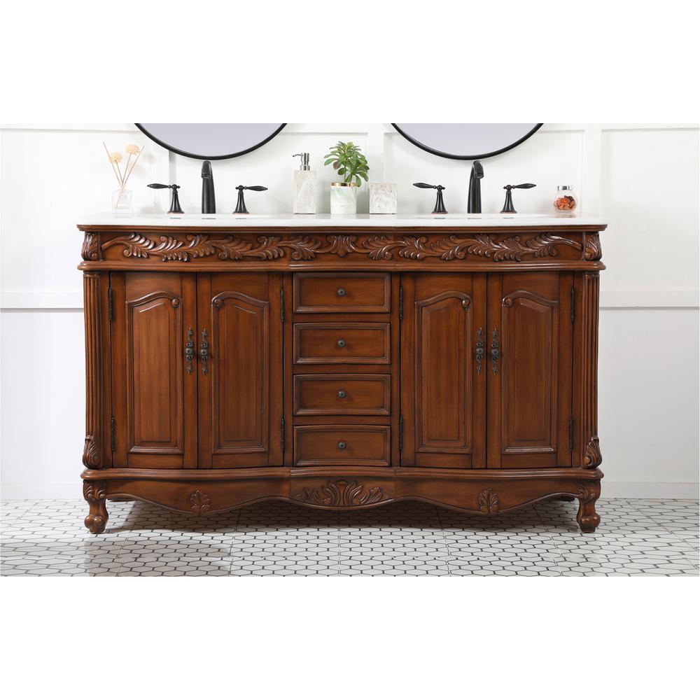 60 inch double Bathroom vanity in teak with ivory white engineered marble. Picture 12