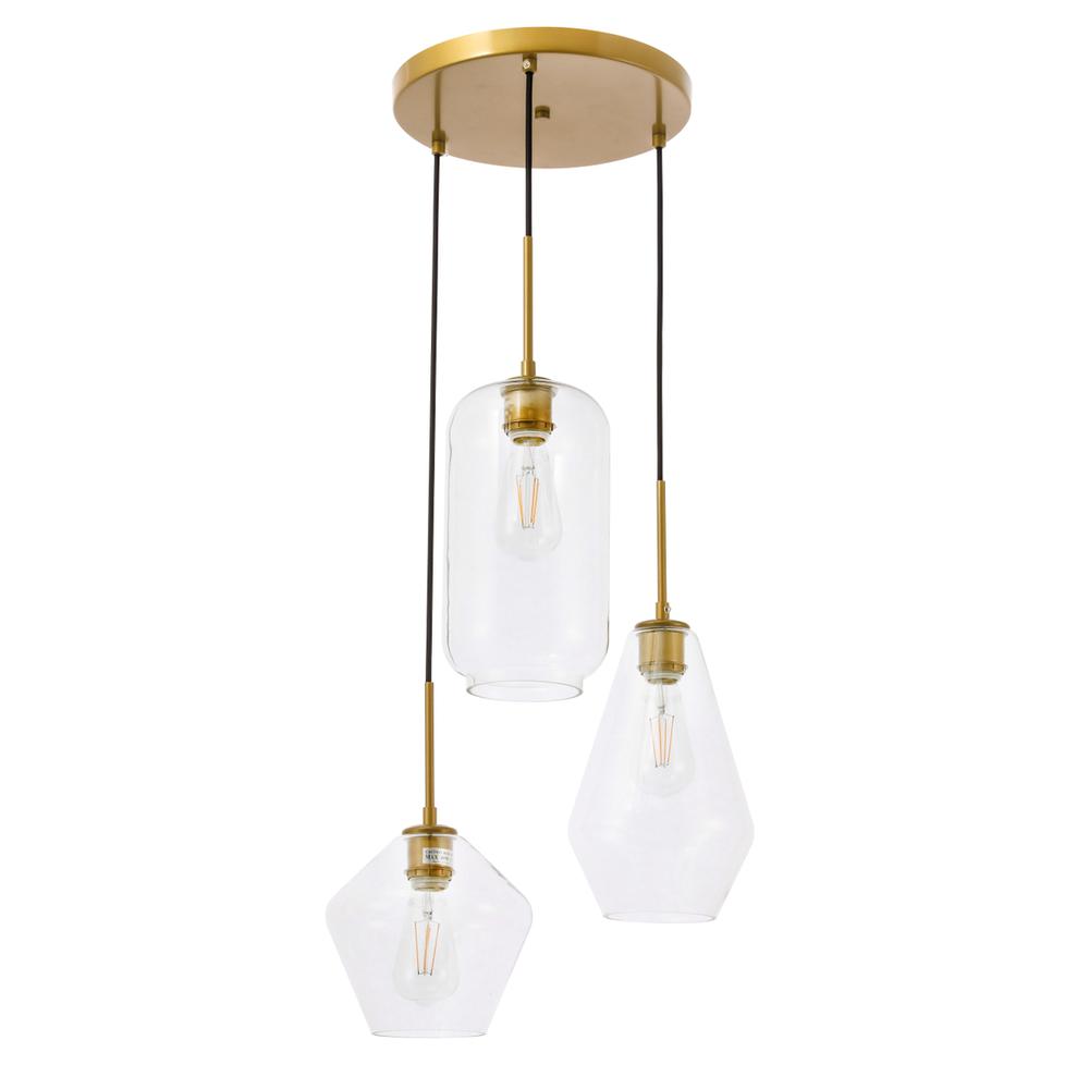 Gene 3 light Brass and Clear glass pendant. Picture 2
