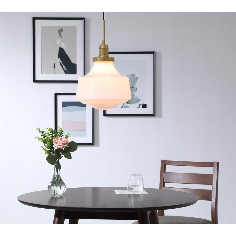 Lyle 1 light Brass and frosted white glass pendant. Picture 14