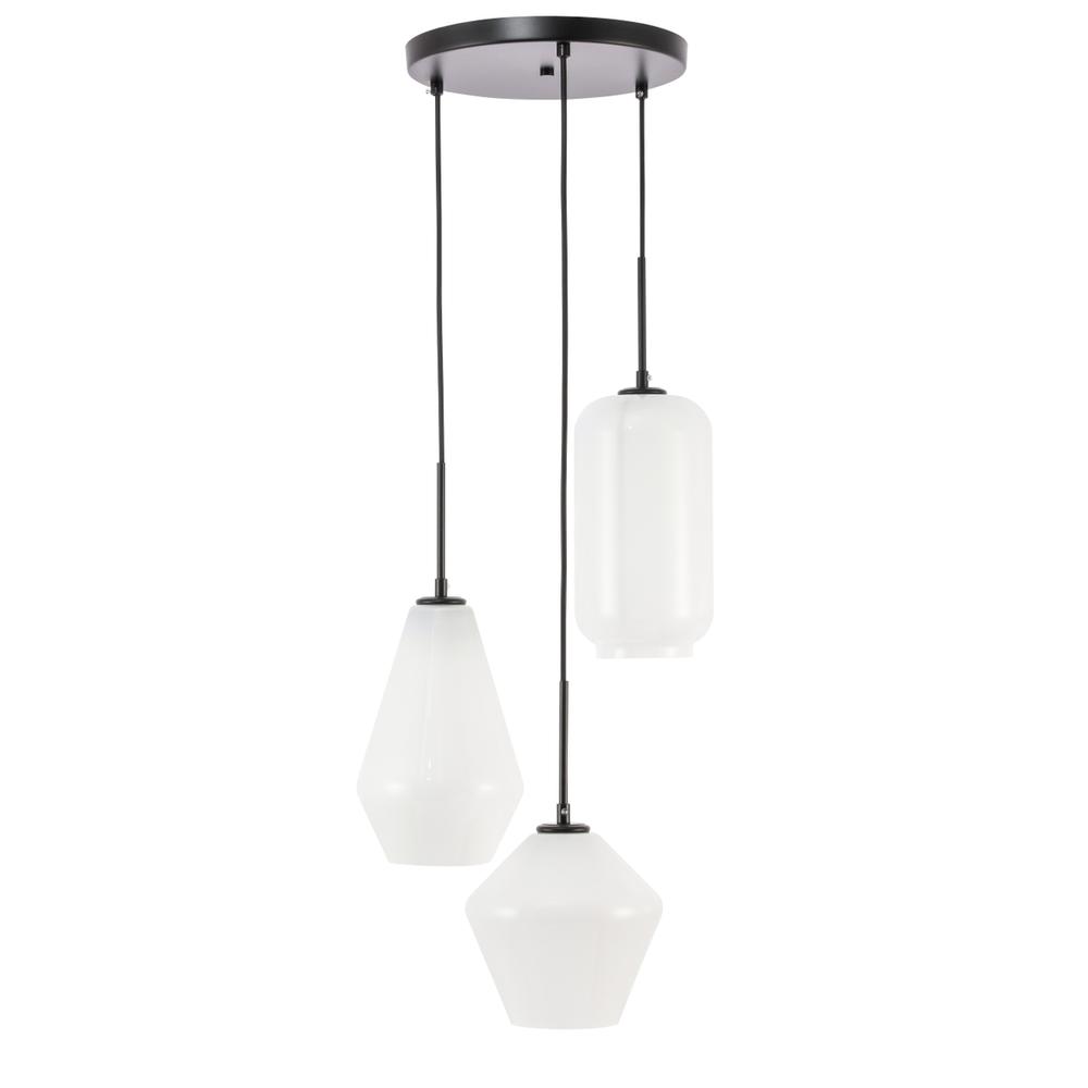 Gene 3 light Black and Frosted white glass pendant. Picture 2
