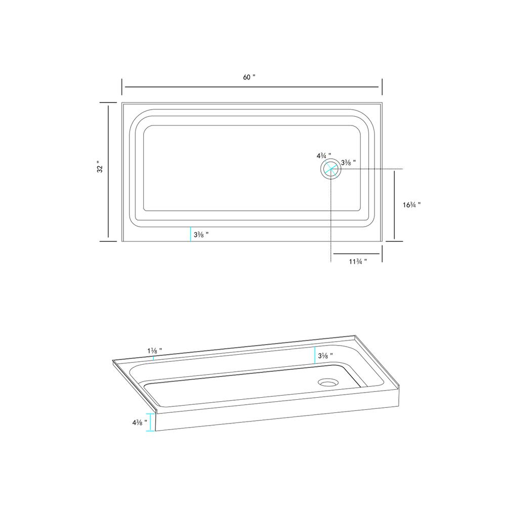 60x32 inch Single threshold shower tray right drain in glossy white. Picture 8