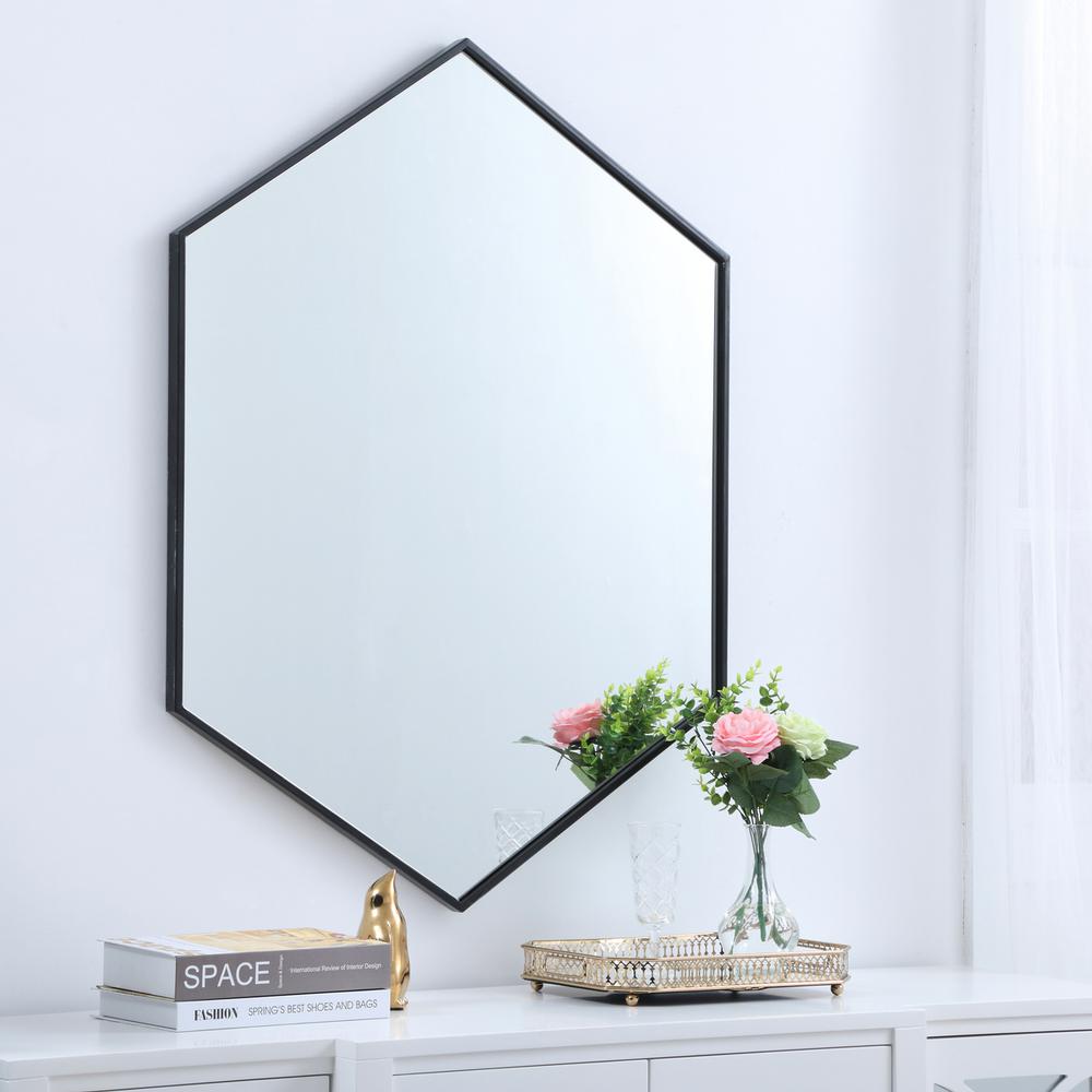 Metal frame hexagon mirror 30 inch in Black. Picture 2