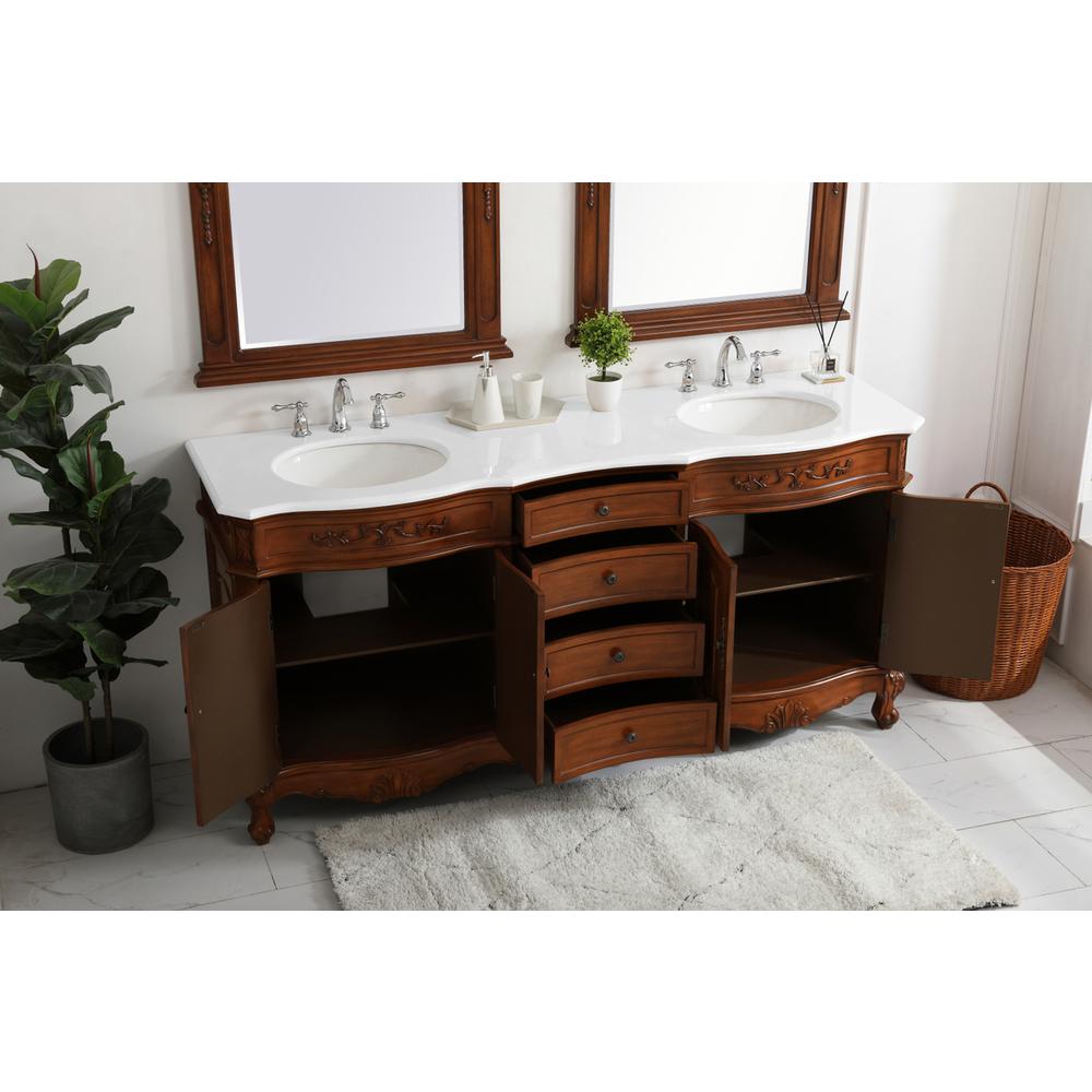 72 inch Double Bathroom vanity in Teak with ivory white engineered marble. Picture 3
