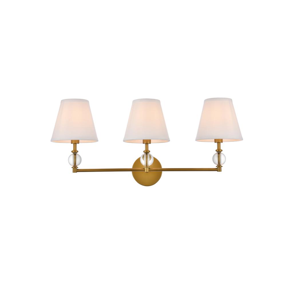 Bethany 3 lights bath sconce in brass with white fabric shade. Picture 1