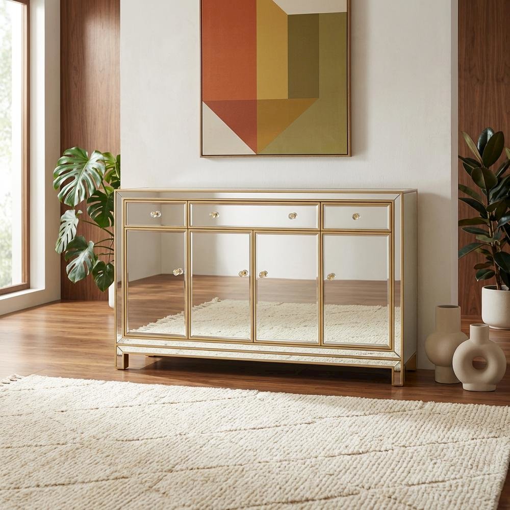 Gold mirrored credenza with spacious storage and elegant design. Picture 2