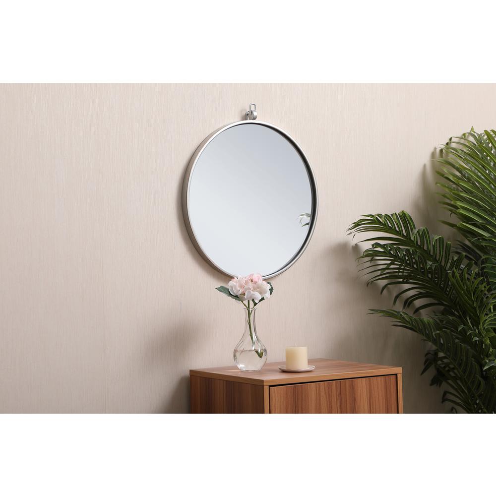 Metal frame round mirror with decorative hook 18 inch in silver. Picture 2