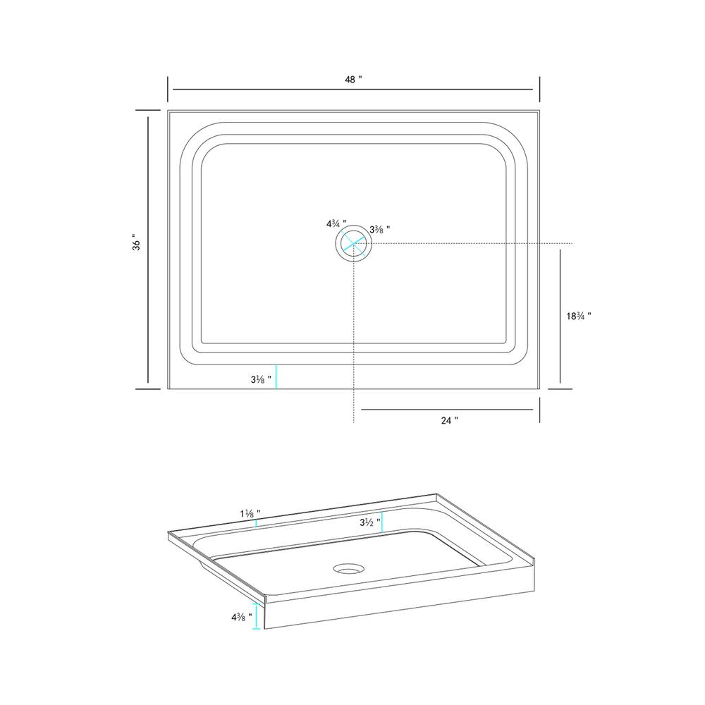 48x36 inch Single threshold shower tray center drain in glossy white. Picture 7