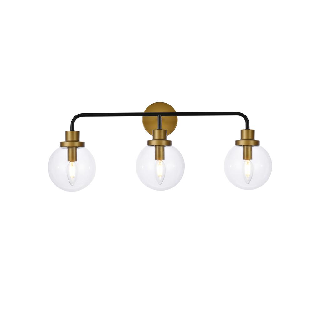 Hanson 3 lights bath sconce in black with brass with clear shade. Picture 1
