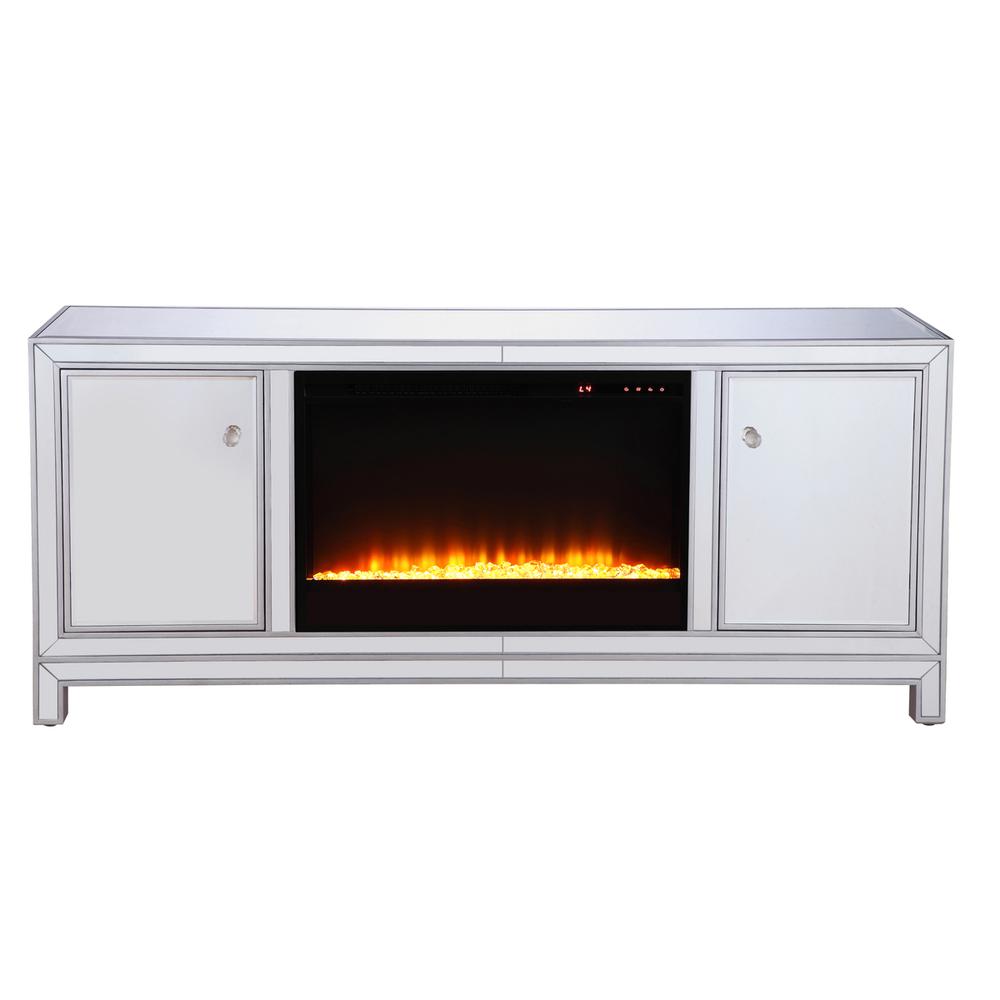 60 in. mirrored TV stand with crystal fireplace insert in antique silver. Picture 1