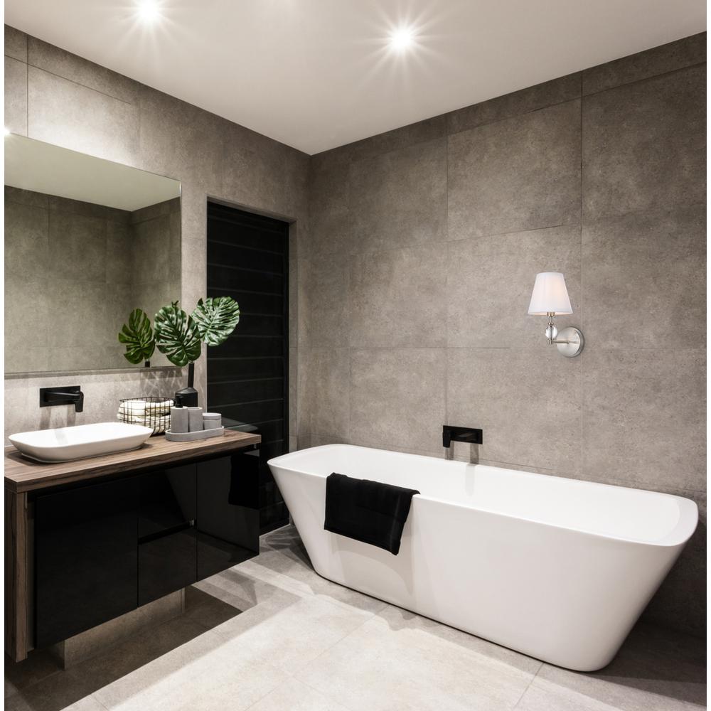 Bethany 1 light bath sconce in satin nickel with white fabric shade. Picture 6