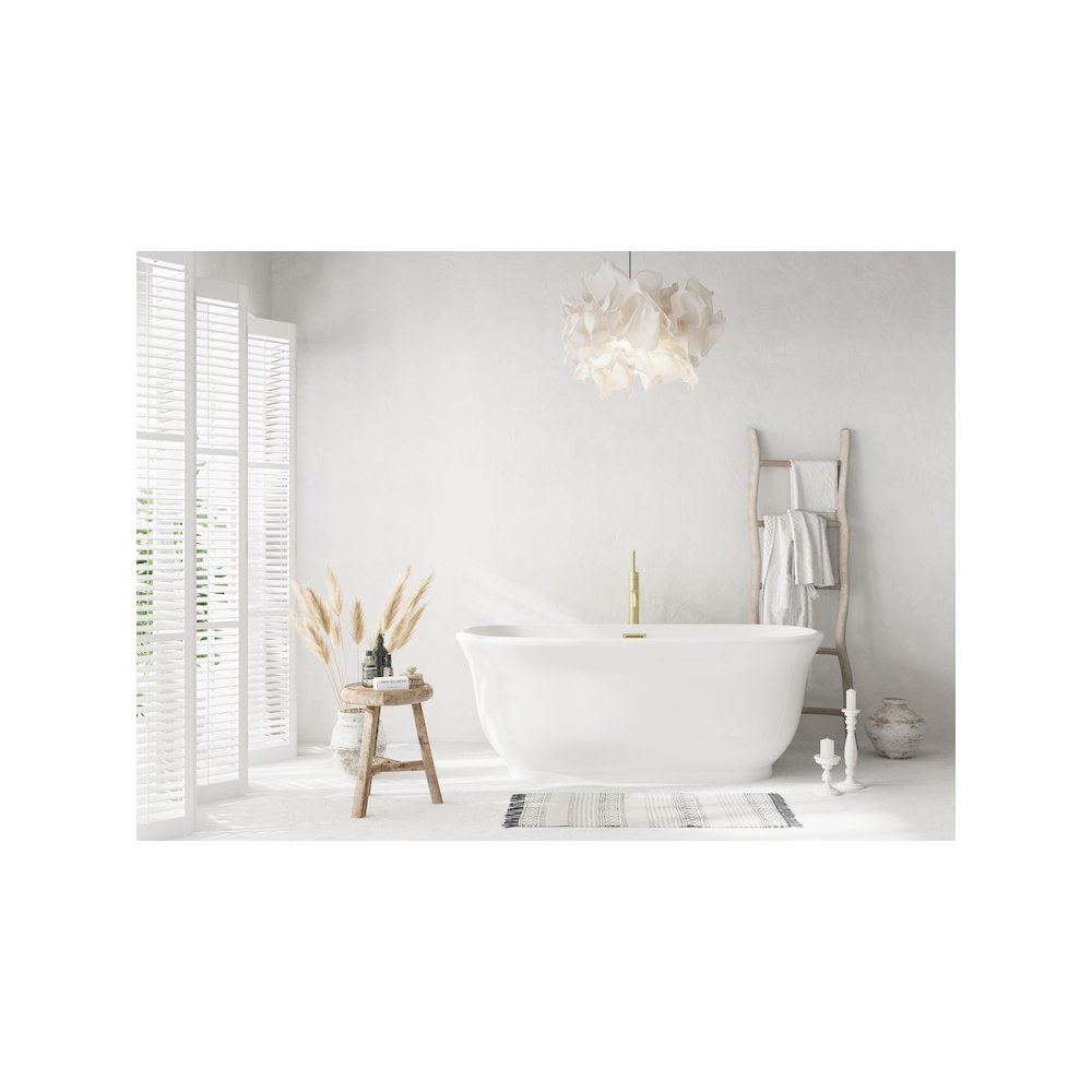 59 inch Soaking Bathtub in Glossy White with Brushed Gold Trim. Picture 2