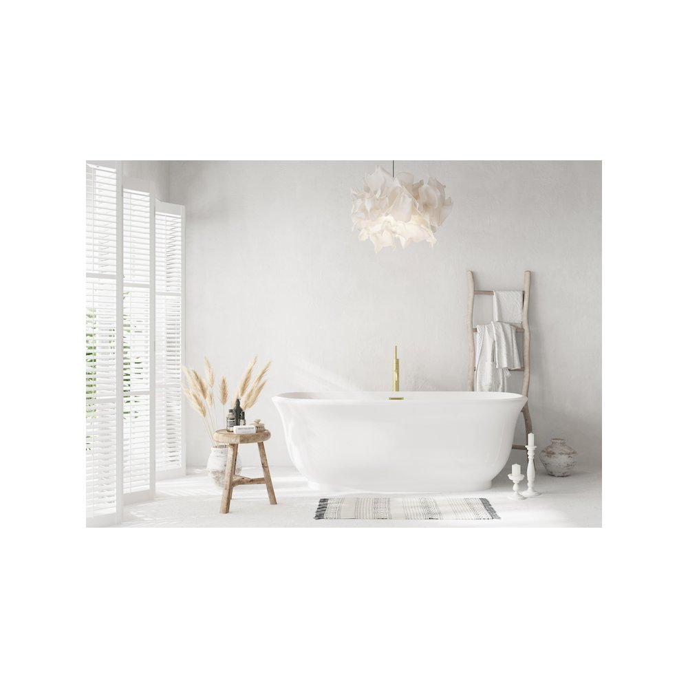 67 inch Soaking Bathtub in Glossy White with Brushed Gold Trim. Picture 2