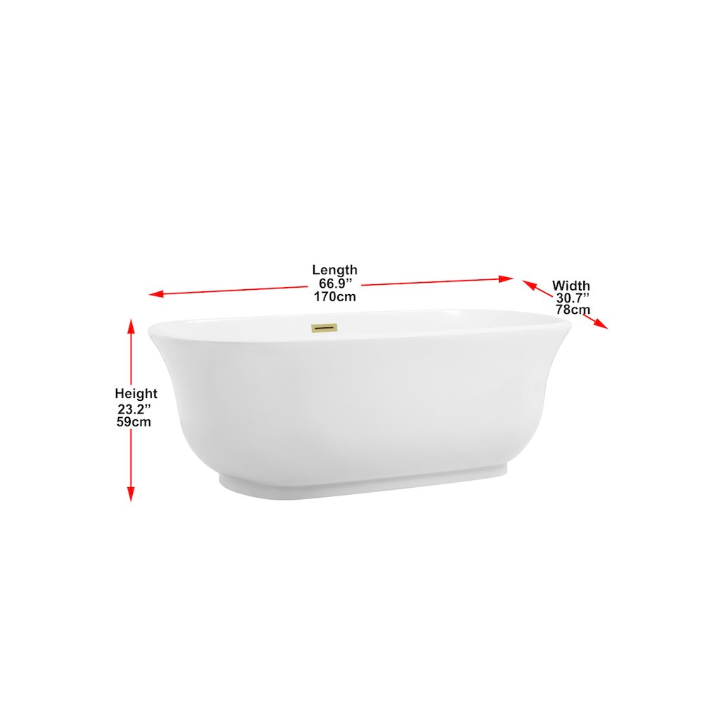 67 inch Soaking Bathtub in Glossy White with Brushed Gold Trim. Picture 8