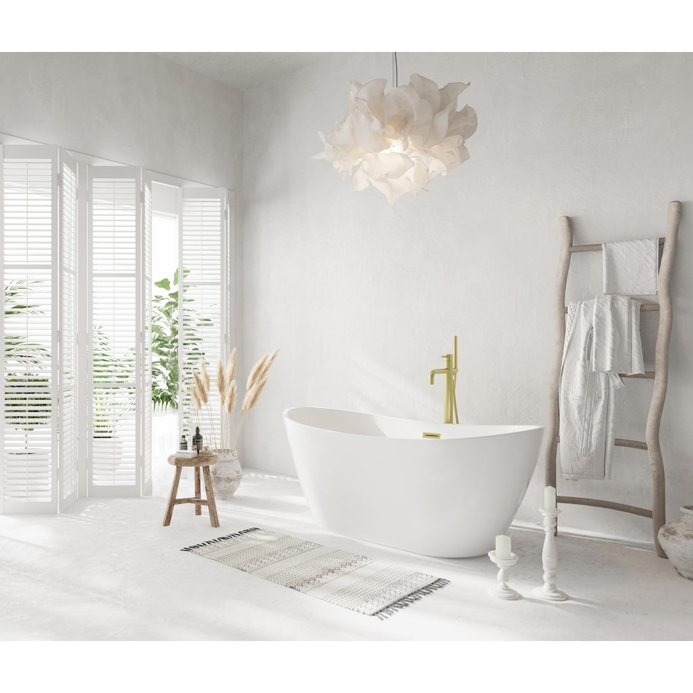 59 inch Soaking Bathtub in Glossy White with Brushed Gold Trim. Picture 3