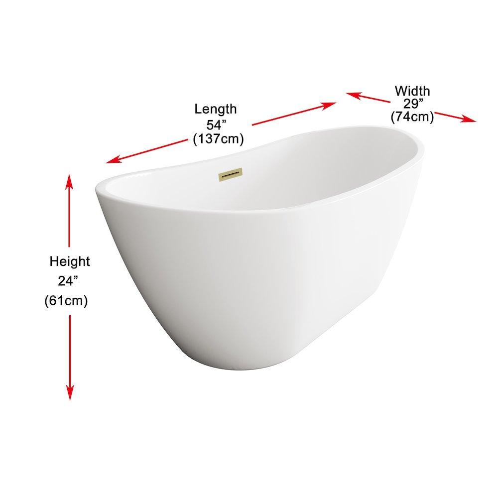 59 inch Soaking Bathtub in Glossy White with Brushed Gold Trim. Picture 8