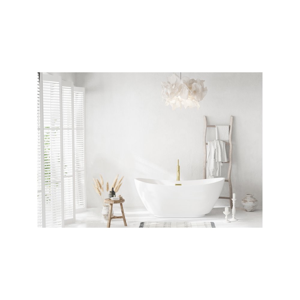 62 inch Soaking Bathtub in Glossy White with Brushed Gold Trim. Picture 2