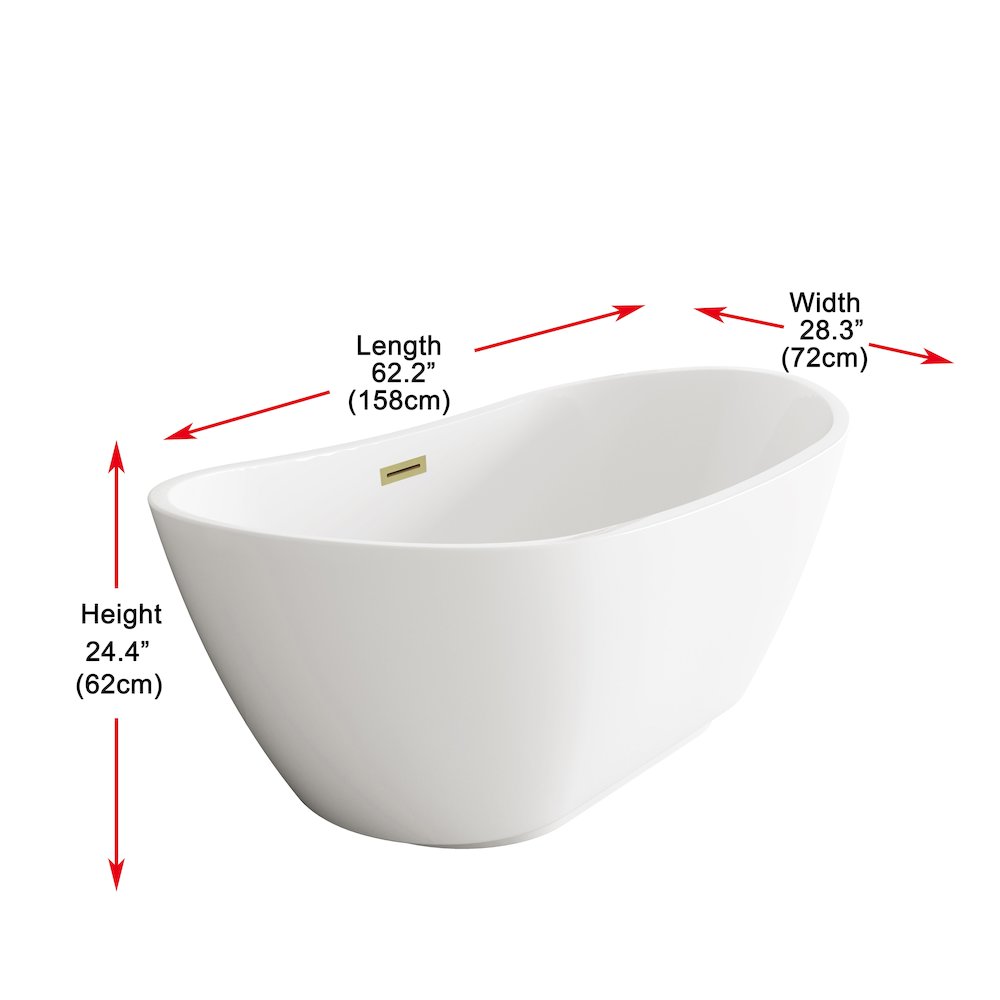 62 inch Soaking Bathtub in Glossy White with Brushed Gold Trim. Picture 8