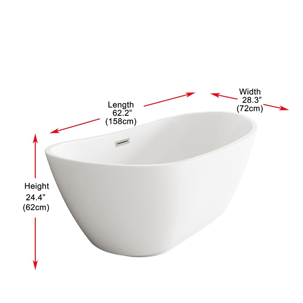 62 inch Soaking Bathtub in Glossy White with Brushed Nickel Trim. Picture 8