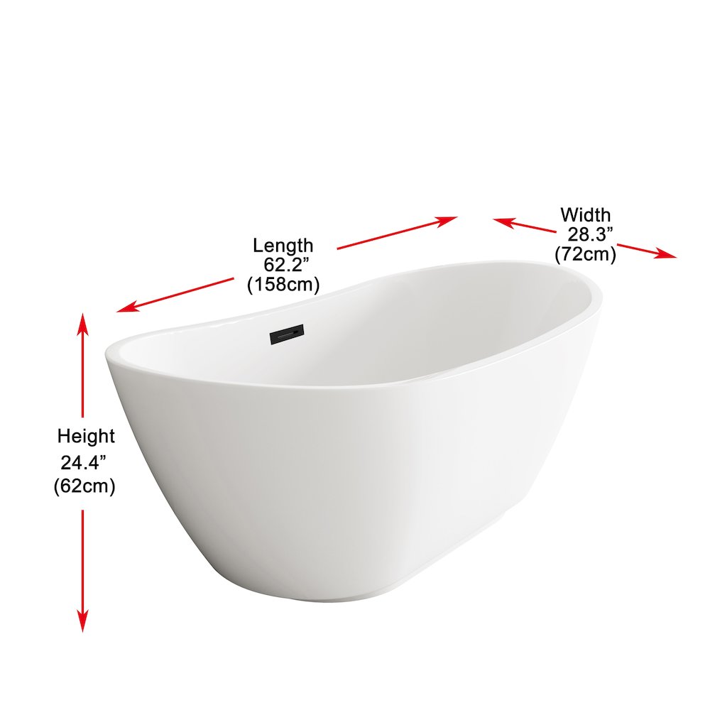 62 inch Soaking Bathtub in Glossy White with Matte Black Trim. Picture 8