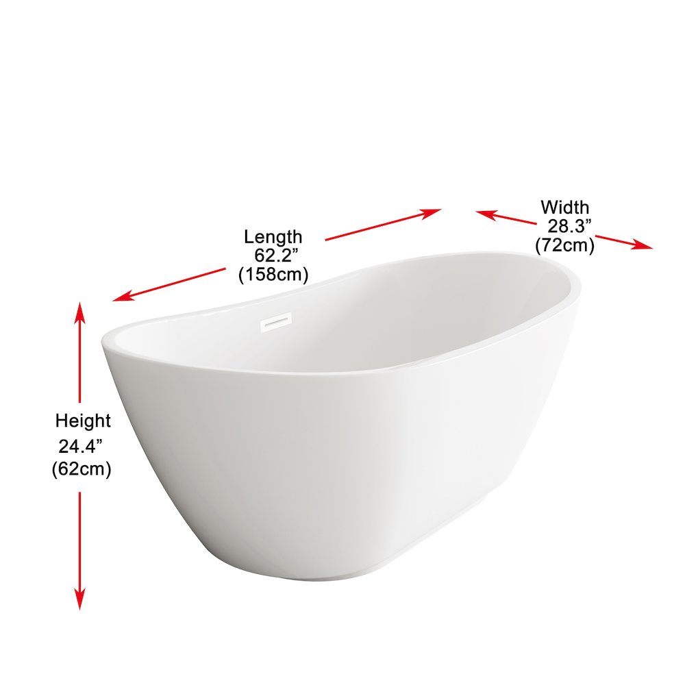 62 inch Soaking Bathtub in Glossy White with Polished White Trim. Picture 8