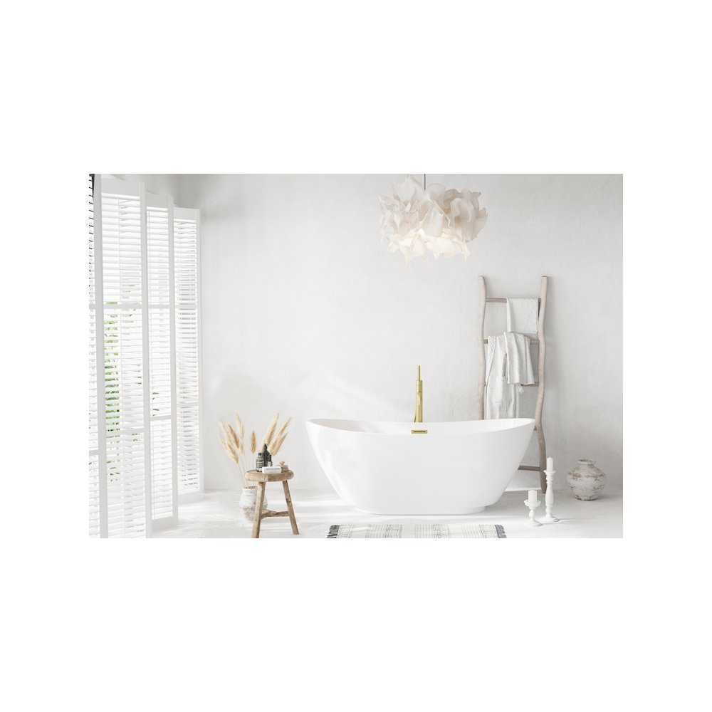 67 inch Soaking Bathtub in Glossy White with Brushed Gold Trim. Picture 2