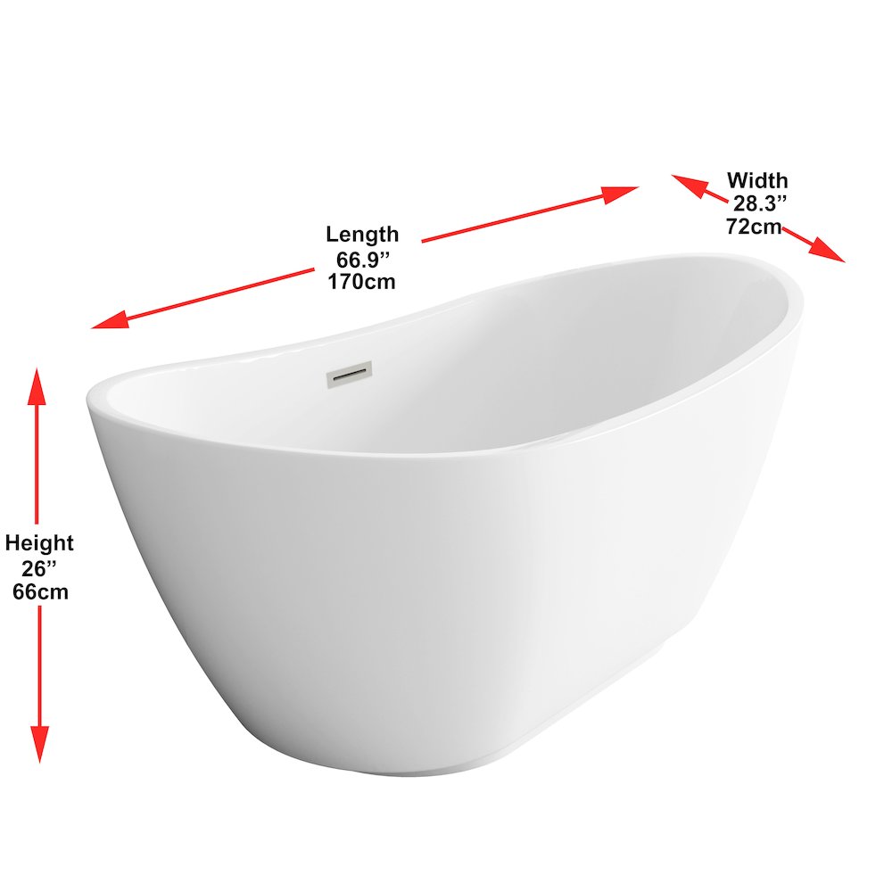 67 inch Soaking Bathtub in Glossy White with Brushed Nickel Trim. Picture 8