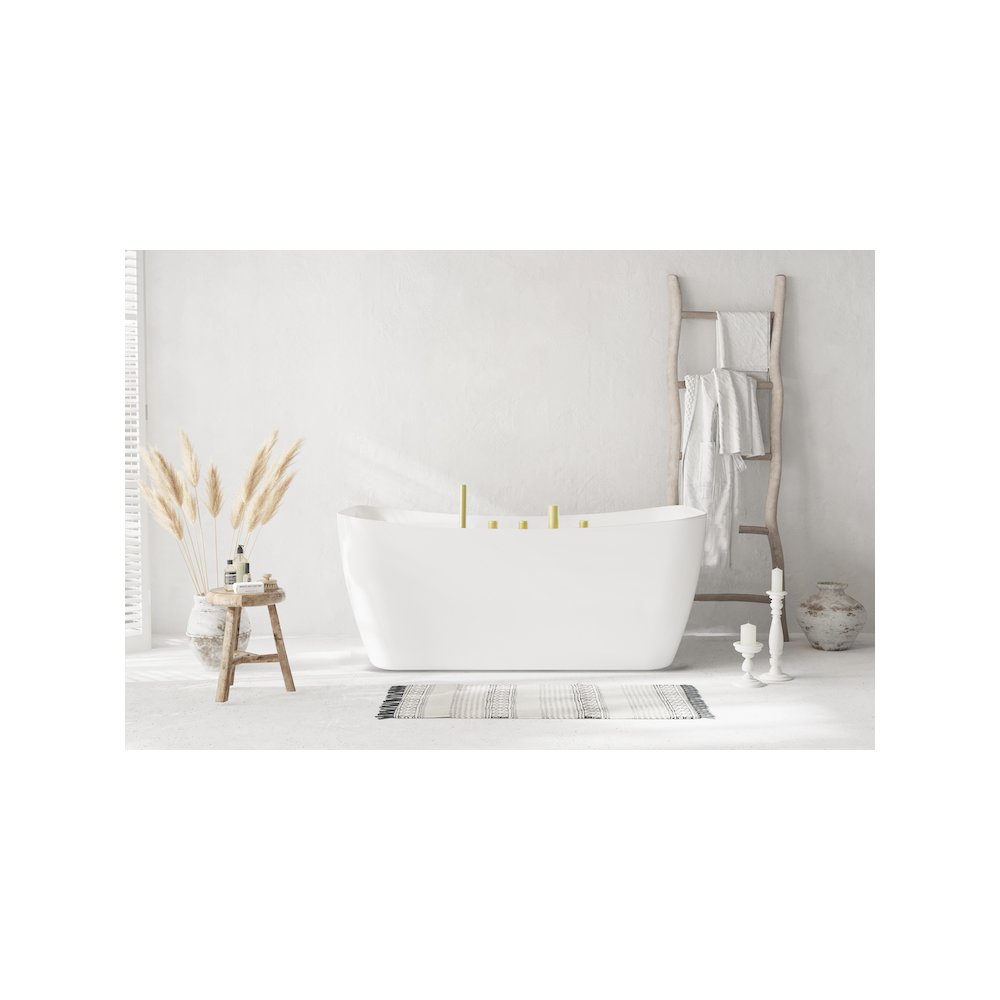 59 inch Soaking Bathtub in Glossy White with Brushed Gold Trim. Picture 12