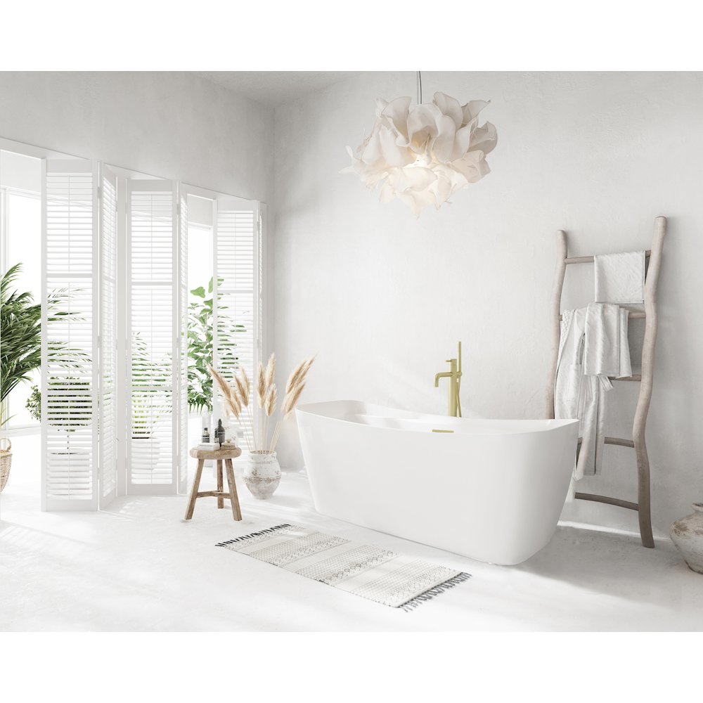 59 inch Soaking Bathtub in Glossy White with Brushed Gold Trim. Picture 3