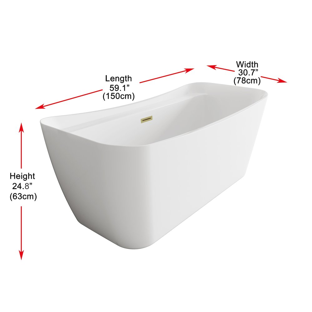 59 inch Soaking Bathtub in Glossy White with Brushed Gold Trim. Picture 8