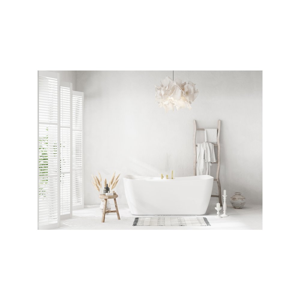 59 inch Soaking Bathtub in Glossy White with Brushed Gold Trim. Picture 9