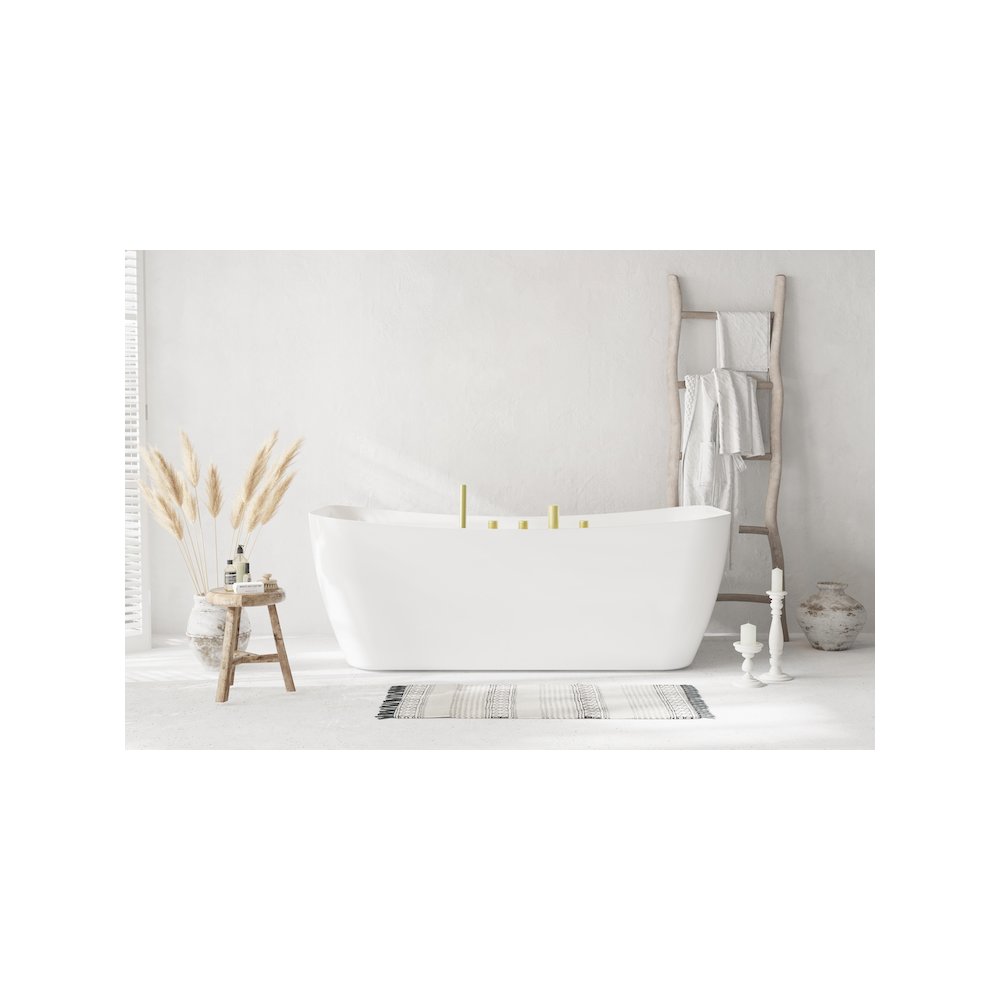 67 inch Soaking Bathtub in Glossy White with Brushed Gold Trim. Picture 12