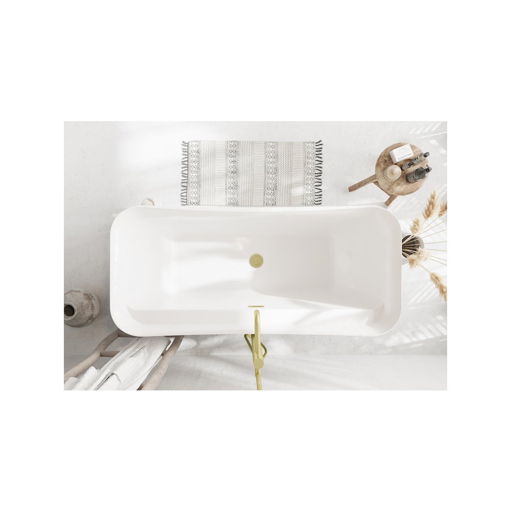 67 inch Soaking Bathtub in Glossy White with Brushed Gold Trim. Picture 4