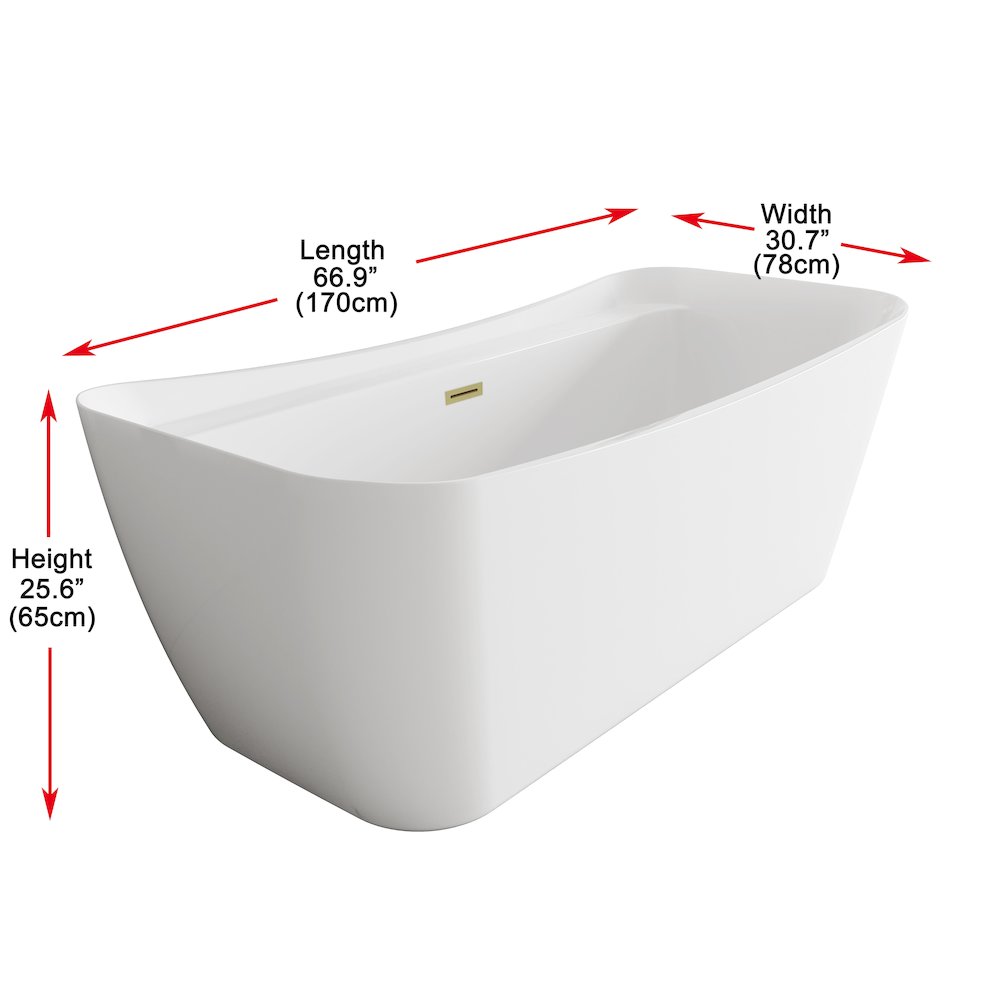 67 inch Soaking Bathtub in Glossy White with Brushed Gold Trim. Picture 8