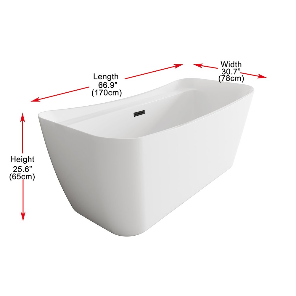 67 inch Soaking Bathtub in Glossy White with Matte Black Trim. Picture 8