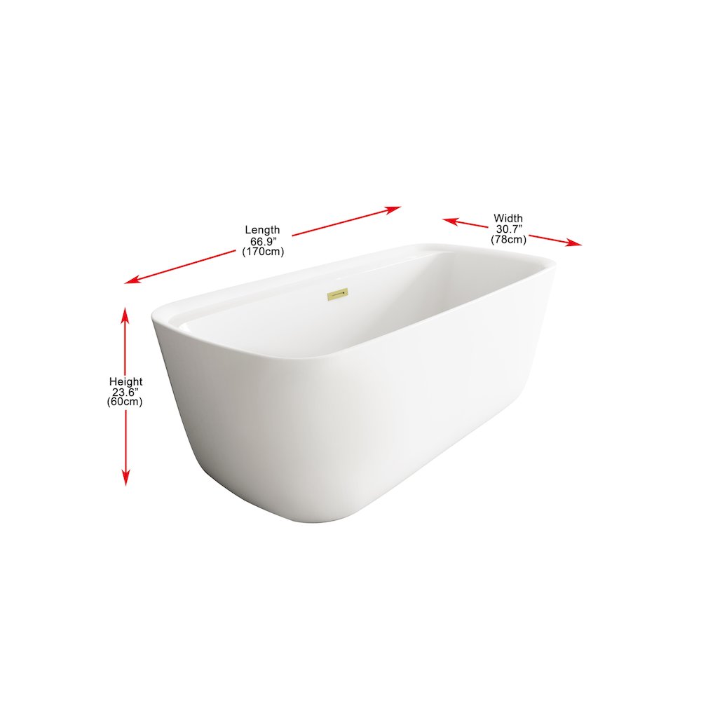 67 inch Soaking Bathtub in Glossy White with Brushed Gold Trim. Picture 7
