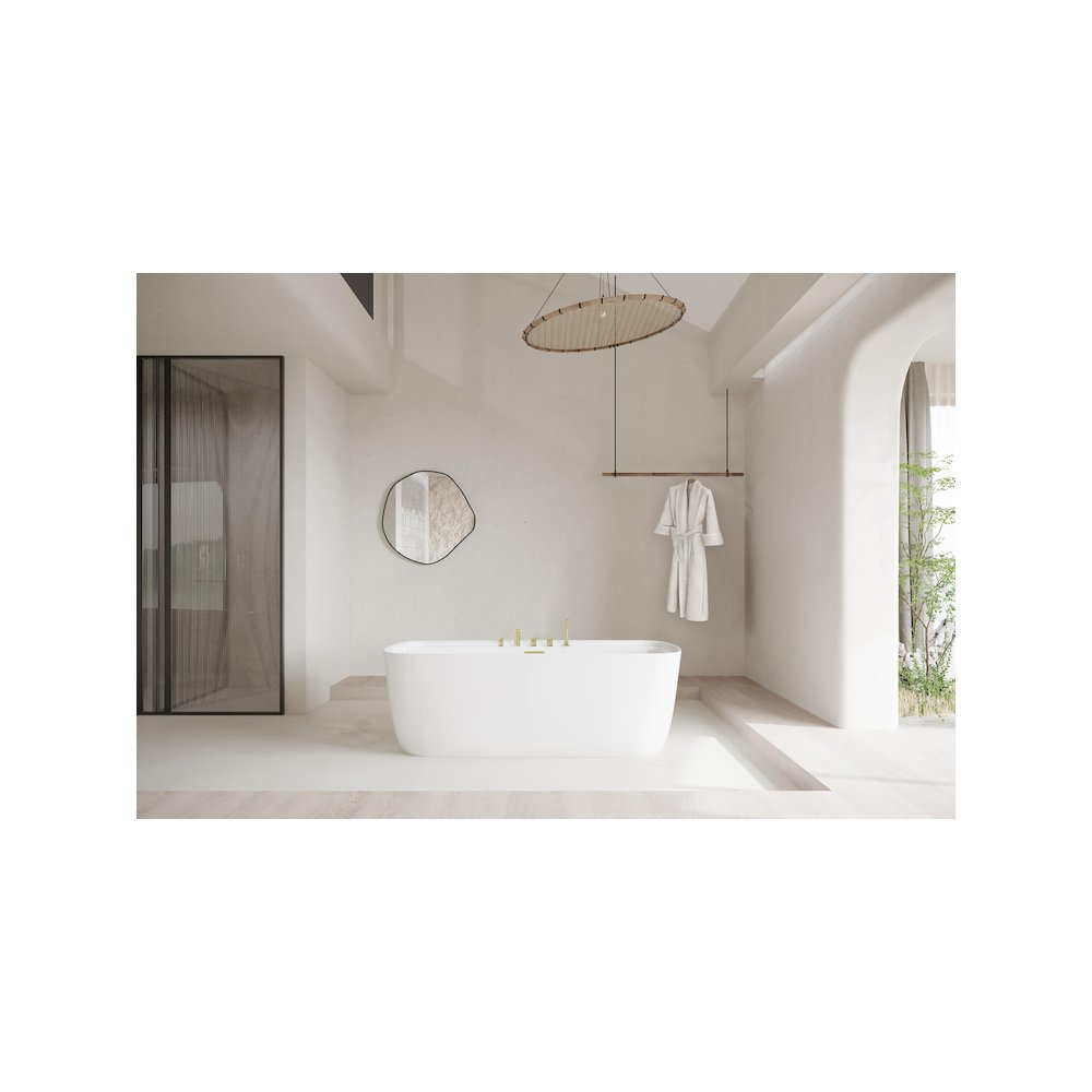 67 inch Soaking Bathtub in Glossy White with Brushed Gold Trim. Picture 8