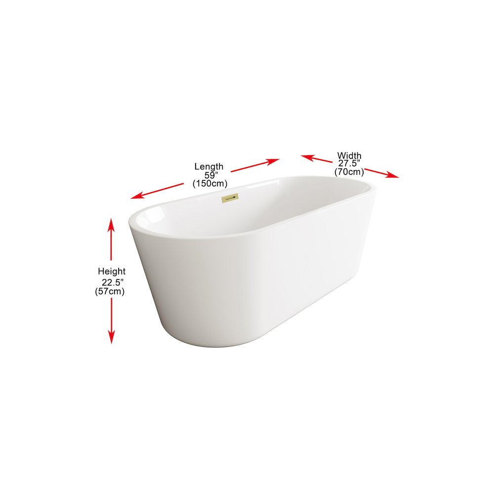 59 inch Soaking Bathtub in Glossy White with Brushed Gold Trim. Picture 7